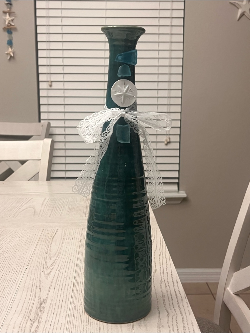 Teal Ceramic Coastal Vase with Sea Glass and Sand Dollar 17”